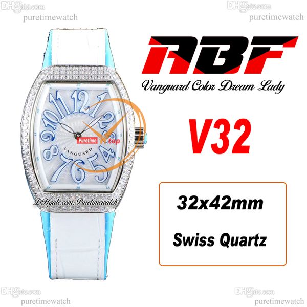 ABF V32 Vanguard Color Dream Cronografo svizzero al quarzo Orologio da donna Cassa con diamanti da donna Quadrante MOP Pelle bianca blu Gomma Lady Super Edition Reloj Hombre Puretime