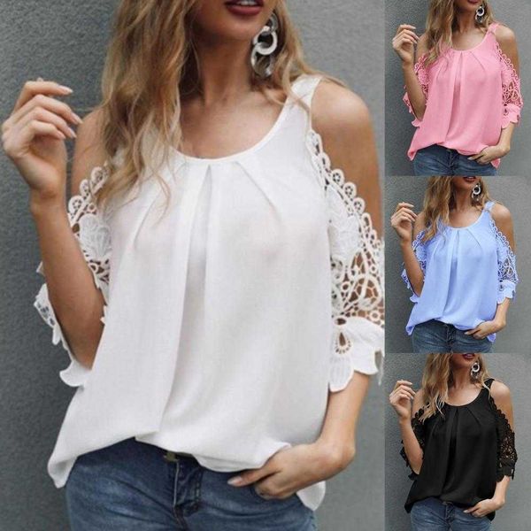 O Neck Damen Tops Schulterfrei Hohle Spitze Ärmel Bluse Sommer Lose Reine Farbe Sexy Frauen Shirt Streetwear für den Täglichen Verschleiß