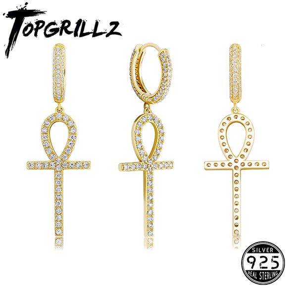 Hoop Huggie Topgrillz 925 Серебряные серьги Ankh Cross Серьги Iced Micro Paved Aaa Bling Cz Stone Cerrings для мужчин Women Hip Hop Jewelry 230831