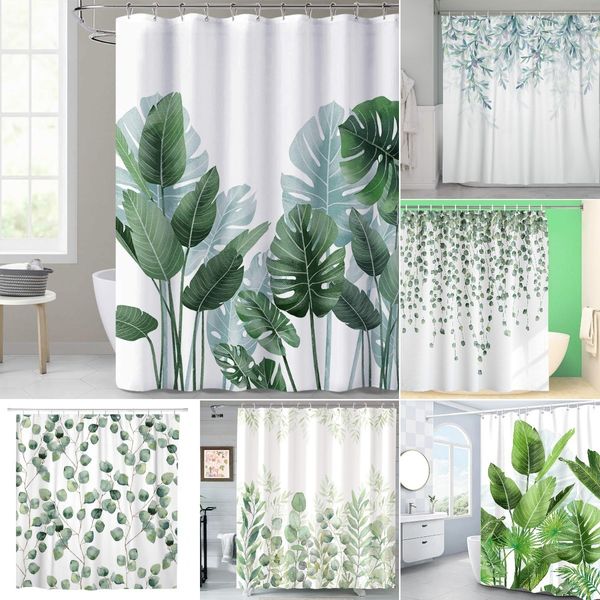 Cortinas de chuveiro com folhas verdes tropicais, plantas em fundo branco, cortinas de chuveiro inodoras para banheiro, chuveiros e banheiras, decoração com ganchos 230831