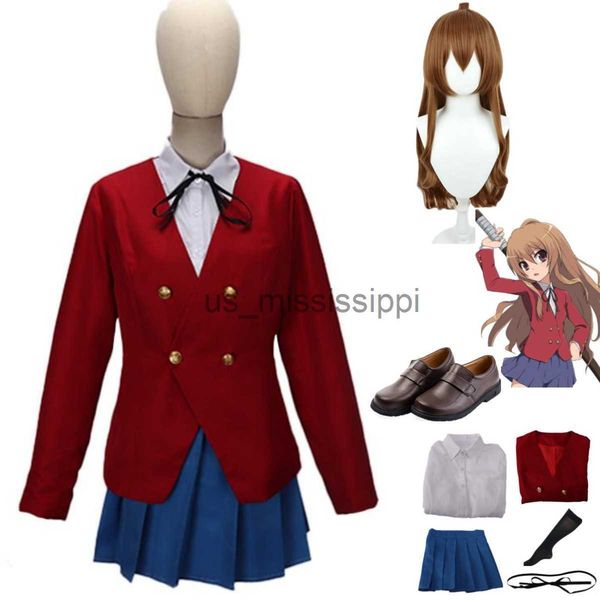 Cosplay perukları anime tigerdragontoradora! Aisaka taiga cosplay kostüm peruk kırmızı jk üniforma deri ayakkabı kadın seksi kawaii kampüs parti takım elbise x0901