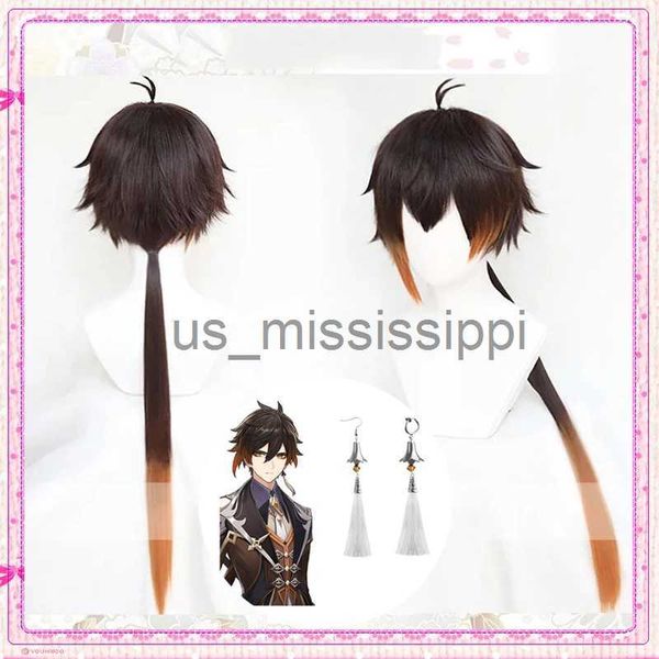 Parrucche Cosplay Genshin Impact Zhongli Cosplay 90 cm Lunga Parrucca Marrone Arancione Anime Cosplay Orecchino Parrucca Sintetica Resistente al Calore Capelli Parrucche di Halloween x0901