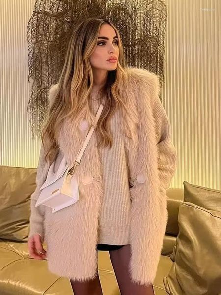 Pele feminina sltnx moda feminina falso colete quente casacos 2023 inverno longo frio sem mangas coletes senhoras casual peludo outerwear