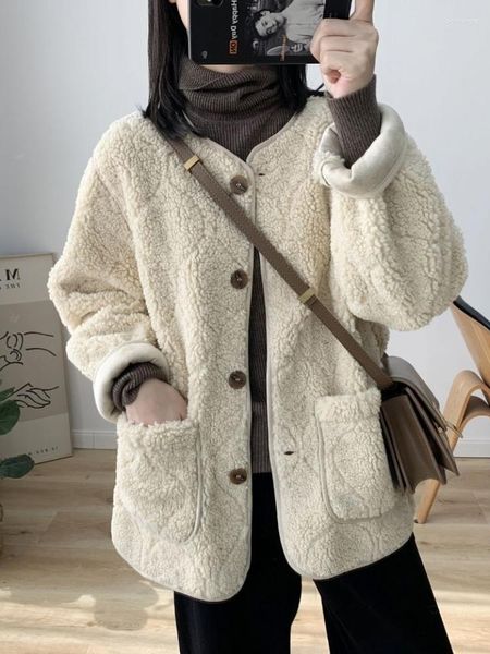 Pelliccia da donna girocollo scuro floreale allentato ispessito oversize caldo cappotto di lana di agnello a maniche lunghe top abiti invernali donna 2023 cappotti di moda