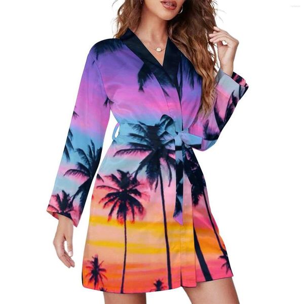 Mulheres sleepwear miami pôr do sol pijama robe v pescoço palmeiras imprimir vestidos bonitos feminino mangas compridas casual solto pijamas personalizados robes