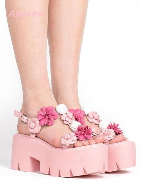 Sandalen Damen Rosa Rosen Blumen Blumen T-Riemen Slingback Plateaus Ausgefallene Schuhe Chunky Heels Party Luxus Sexy