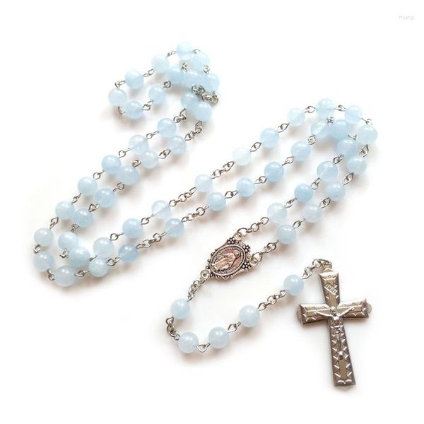Подвесные ожерелья Qigo Розарий Колье католический синий каменный крест для мужчин Женщины Длинная цепь