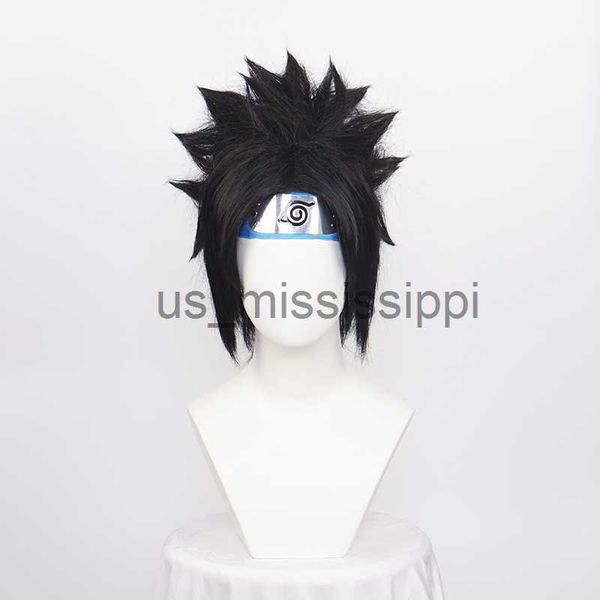 Cosplay Wigs Ccutoo Синтетические черные короткие парики Uchiha Sasuke Cosplay Wigs для мужчин теплостойкость с синим цветом парика головного убора x0901