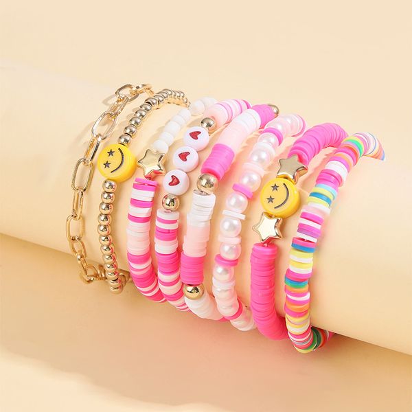 Set di braccialetti con viso sorridente, filo elastico multistrato con perline, argilla morbida, bracciale vintage fatto a mano con perle da donna
