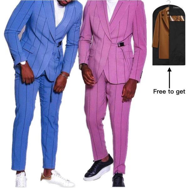 Abiti da uomo Rosa Blu Ampia banda verticale Uomo Costume da sposa Slim Fit Smoking Terno Masculino Prom Sposo 2 pezzi Giacca giacca Pantalone