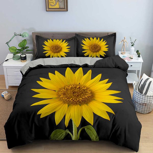 Bettwäsche-Sets, 3D-Sonnenblumen-Bettwäsche-Set, luxuriös, 2/3-teilig, Blumendruck, Bettbezug-Sets, Einzel-, Twin-Size-Bettwäsche, Heimtextilien
