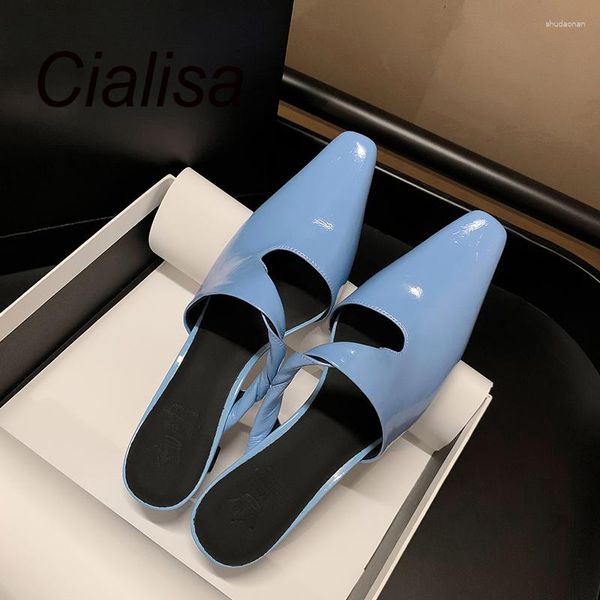 Тапочки Cialisa Mules Women Shoes Summer Blue Lynuine Leather 2023 Fashion Square Toe 4 см средней каблуки на улице Slapper for Lady