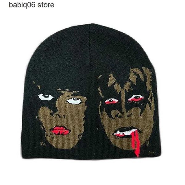 Beanie/Kafatası Kapakları Estetik Moda Beanie Şapka Hip Hop Gotik Örgü Kapağı Erkekler Kadınlar Şapka Kış Sıcak Yüz Şapkası Y2K Sokak Giyseni Vintage Punk Harajuku T230731