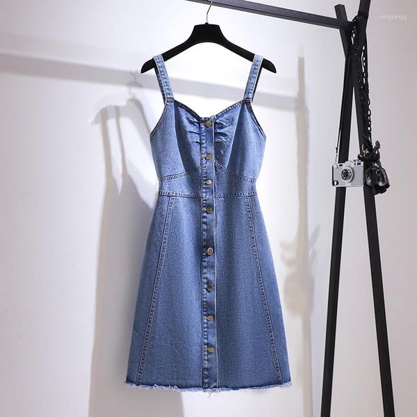 Kleider in Übergröße, 150 kg, Damen-Sommerkleid mit Knöpfen, Denim-Trägern, Brustumfang 150 cm, 5XL, 6XL, 7XL, 8XL, 9XL, lockeres Blau