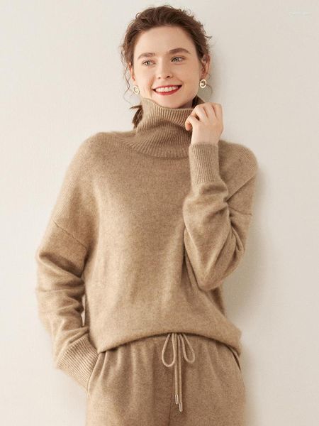 Suéteres femininos de alta qualidade pura cashmere suéter mulheres inverno casual moda coreana gola alta engrossar quente manga comprida pulôver solto