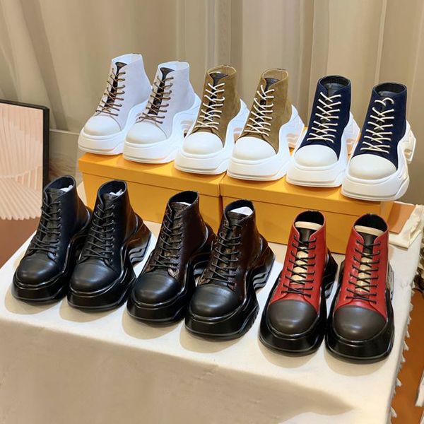 Ünlü tasarımcı kadınlar büyük kafa Martin botlar kalın taban uzun botları çocuk ayakkabıları sonbahar ve kış kısa botları patent deri yüksek topuk şövalye botları boyut 35-42
