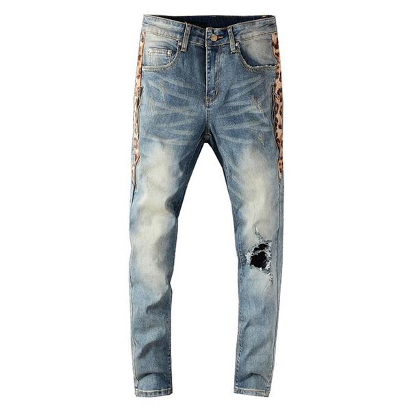 Erkekler Sokak Giyim Skinny Jeans Erkekler Yan Leopar Baskı Patchwork Delikleri Yırtılmış kot slim sıska streç denim pantolon331z