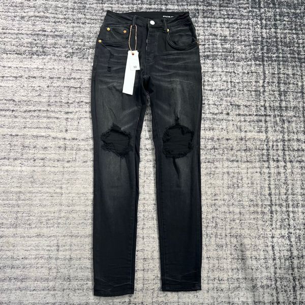 Мужские джинсы мужчины тонкие растягиваемые колена вымытые черные 230831