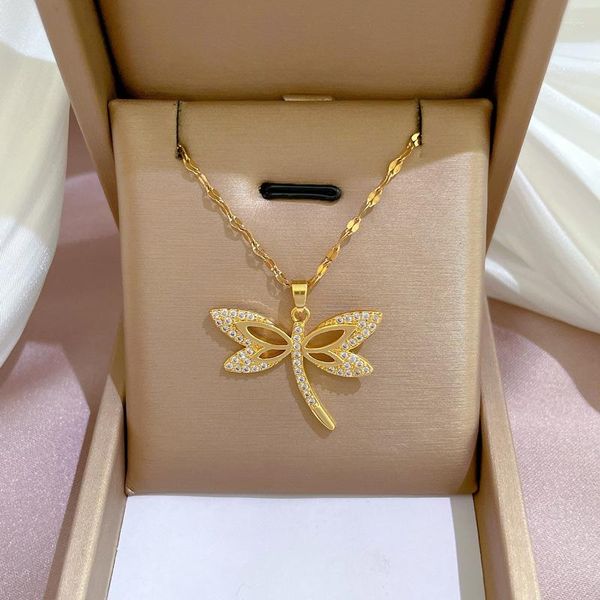 Anhänger Halsketten 12 teile/los Edelstahl Gold Farbe Zirkon Libelle Kette Halskette Für Frauen Party Mode Schmuck Geschenk Großhandel