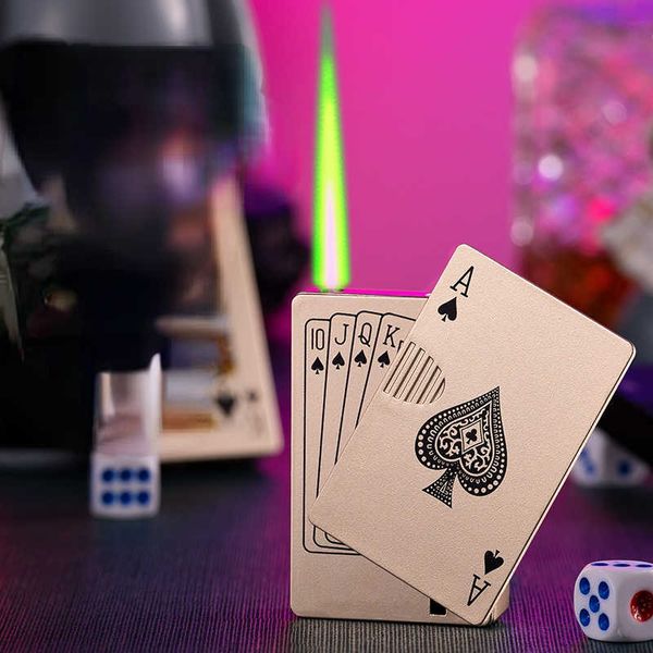 Criativo à prova de vento poker jogando cartão jet tocha butano sem gás isqueiro brinquedo engraçado fumar acessórios gadgets para homem 9ay3
