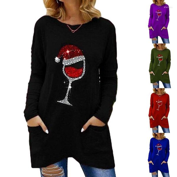 Женские футболки T и зимние женские платья рождественские винные бокал круглой шеи с длинным рукавом карманная футболка женщина