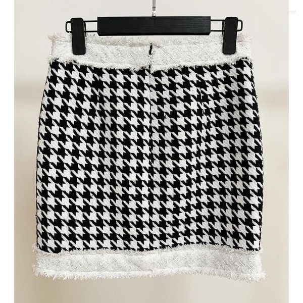 Saias saias de alta qualidade est outono inverno barroco designer feminino franjas leão botões houndstooth tweed mini saia 1unm