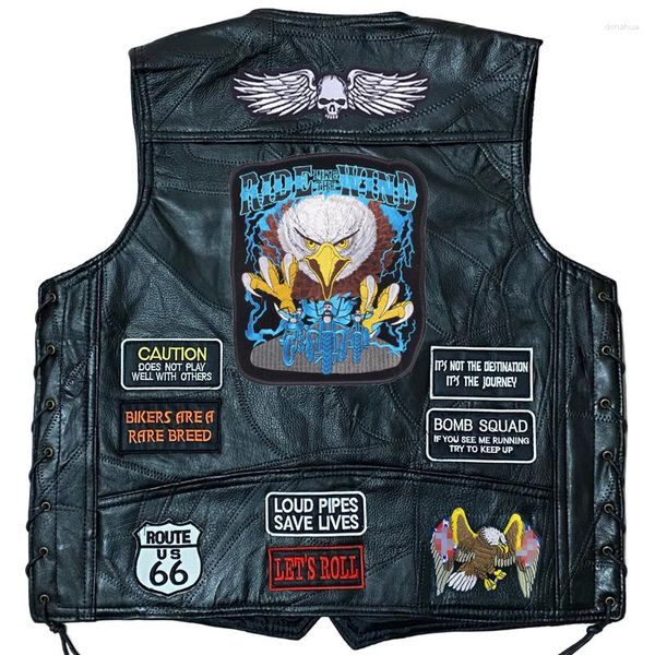 Gilet da uomo Gilet da motociclista da uomo Giacca senza maniche corta Cappotto di giunzione in pelle con ricamo moda retrò Gilet da motociclista classico