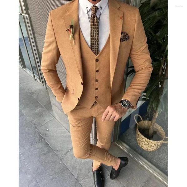 Herrenanzüge 2023 Hochzeit Männer Hellbraun Revers Business Casual Formal Kostüm Homme Slim Fit 3 Stück Set Jacke Weste Hosen