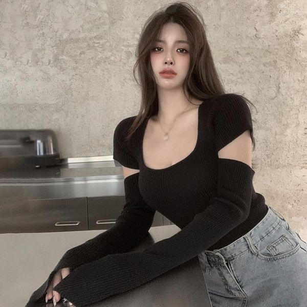 Kadın Sweaters Örme Yenilikçi Retro Krep Kadın Seksi Kızlar Moda Kore tarzı Katı All-Match Yumuşak Estetik Şık Kulüp Giyim