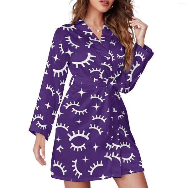 Kadın pijama kirpikler pijama bornoz v boyun beyaz ve mor özel gecelik bayan uzun kollu moda pijama elbiseleri bahar uykusu