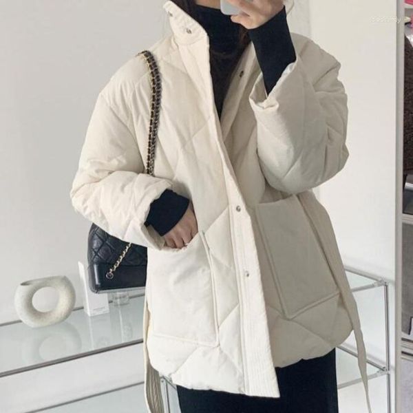 Trench da donna Autunno Inverno Modello a rombi Colletto alla coreana Elegante piumino 2023 Cappotto chic monopetto con lacci Parka solido