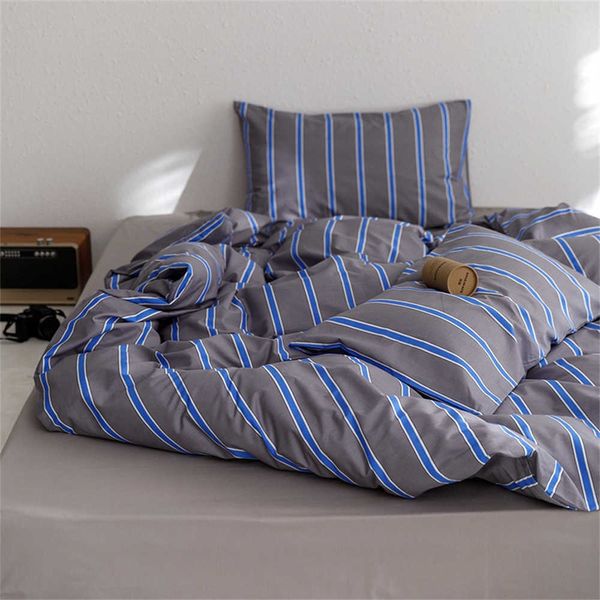 Bettwäsche-Sets Nordic Grey Blue Stripes Bettbezug-Set Baumwolle Größe Bettwäsche-Set Bettwäsche Bettlakenbezüge