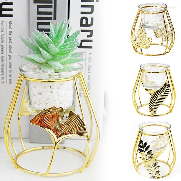 Держатели свечей железные свечи со стеклянной чашкой Gold Gold Metal Mini Green Plant