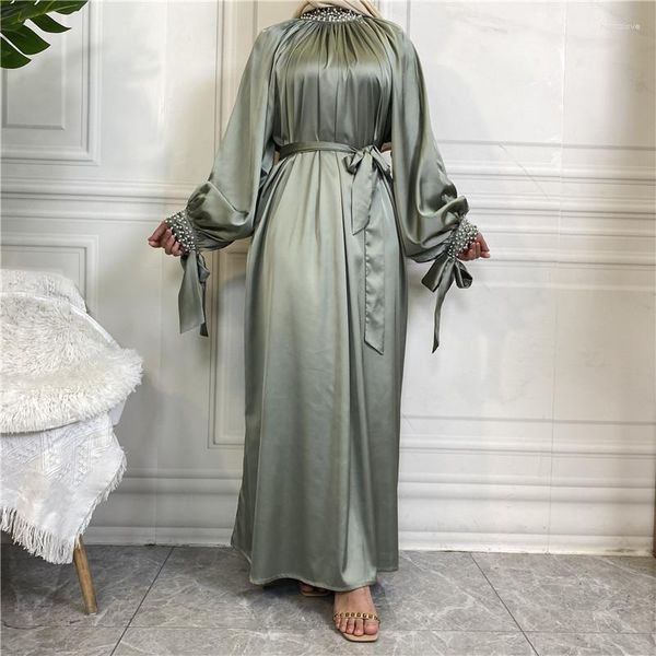 Abbigliamento etnico Abito musulmano Donna Perla maniche lunghe Moda mediorientale Dubai Islamico Africano Abaya Stampa Raso Allacciatura