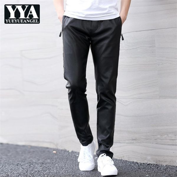 Calça harém masculina de couro pu, cintura elástica, reta, casual, slim fit, tamanho grande, couro sintético, preta, 315t