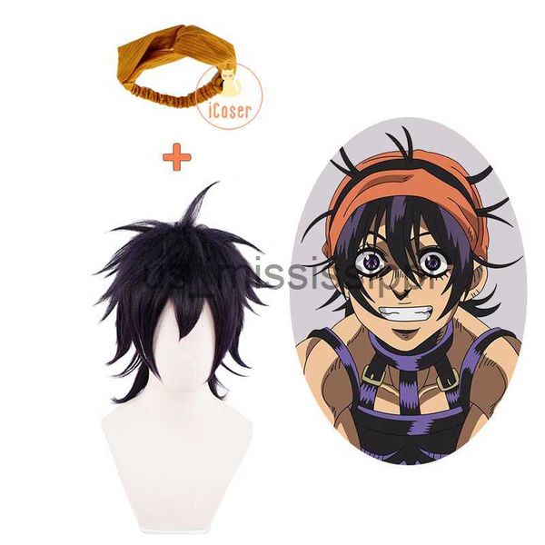 Cosplay Perücken Anime JoJo Bizarre Adventure Narancia Ghirga Cosplay Perücke Orange Haarband Mix Schwarz Lila Synthetisches unordentliches Haar mit Fransen x0901