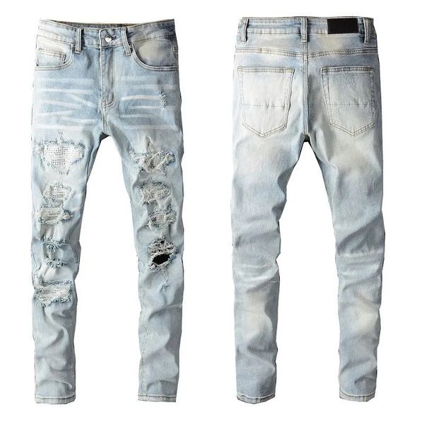 Jeans da uomo High Street Bianco Foro da trapano Primavera Estate Stretch Sottile Moda Uomo Europa e Stati Uniti Azzurro 230831