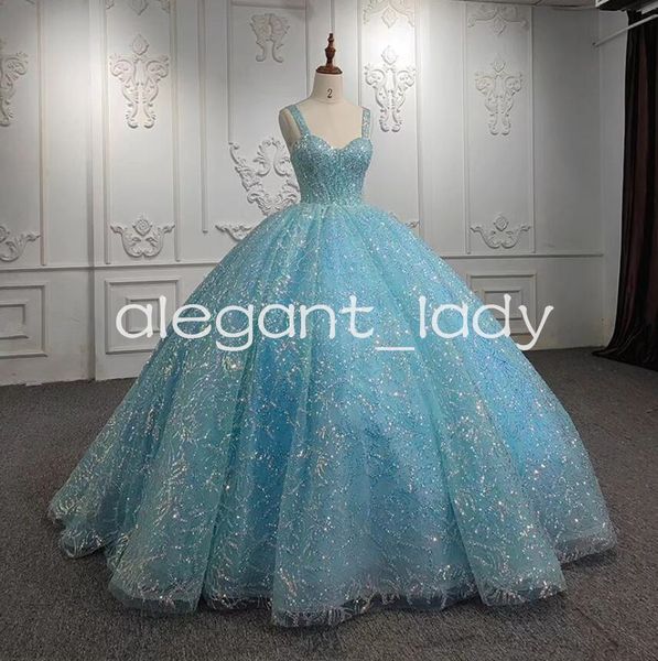 Céu azul princesa gillter quinceanera vestidos querida lantejoulas brilhantes apliques espartilho inchado doce 15 vestidos de gala