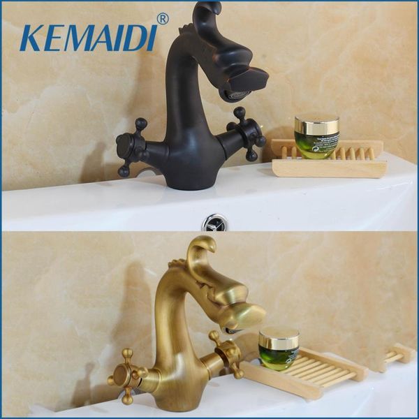 Кухонные смесители Kemaidi Antique Brass Mixer Уникальный дизайн вращающийся масляный масляный расточка бронзовые двойные ручки раковина
