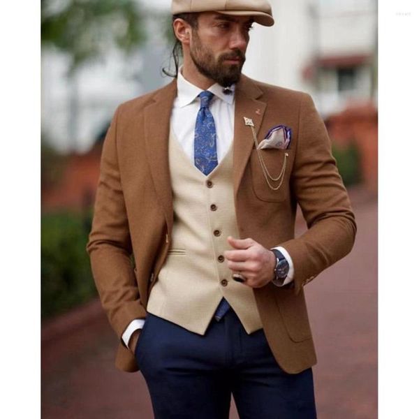 Herrenanzüge 2023 Mode Hochzeit Männer Braun Revers Business Casual Formal Kostüm Homme Slim Fit 3 Stück Set Jacke Weste Hosen