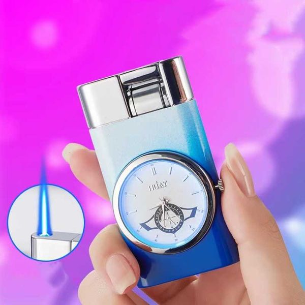 Creativo antivento metallo flash orologio reale butano senza gas accendino jet blu fiamma torcia accenditore accessori per fumatori gadget per uomo 1NYZ
