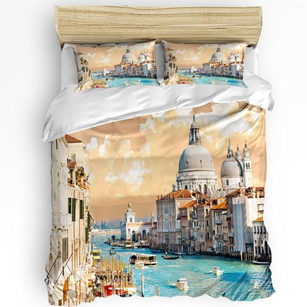 Yatak Seti Venedik Binası Su Teknesi Gün batımı Nevresim 3pcs Set Ev Tekstil Yorgan Yastık Yatak Odası Yatak Odası