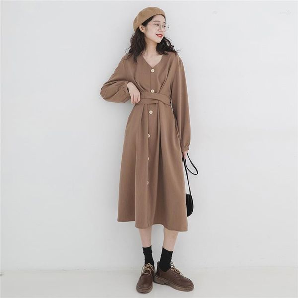 Abiti casual maniche lunghe autunno inverno stile retrò giapponese scollo a V abito a vita alta abiti da donna coreani vintage donna elegante