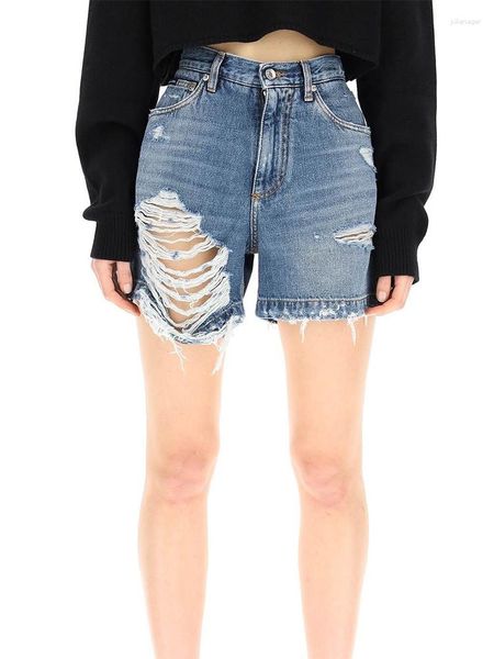 Calças de brim femininas retro de alta qualidade buraco azul verão de cintura alta a-palavra denim shorts feminino solto magro calças casuais de perna larga