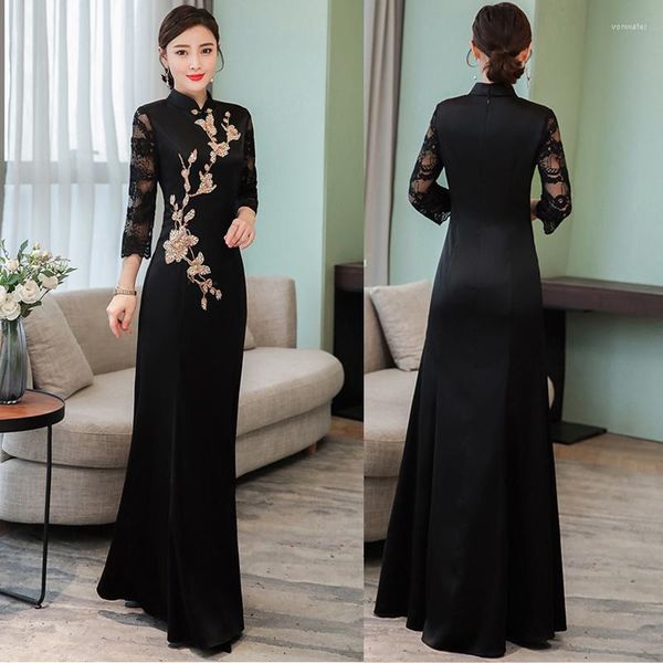 Casual Jurken Chinese Traditionele Jurk Vrouw Elegante Qipao Zwarte Vintage Bloemen Borduren Banket Avondjurken Maxi Lange Cheongsam