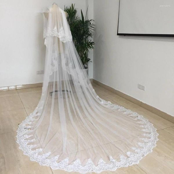 Brautschleier Weiß Elfenbein 2 Schichten Pailletten Spitze 5 Meter Kathedrale Hochzeit mit Kamm 4M lang T Zubehör