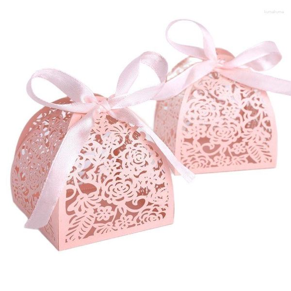 Confezione regalo Confezione da 50/100 pezzi Bomboniera Bomboniera Scatola di cioccolatini Bianco Rosa Nastro piramidale tagliato al laser