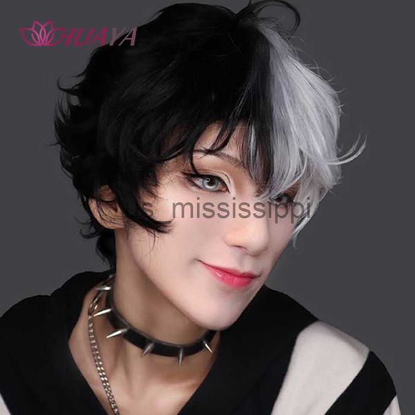 Parrucche Cosplay HUAYA Parrucca corta da uomo Nero Bianco Diviso Parrucca sintetica con frangia Per Costume da ragazzo Parrucca cosplay anime Capelli naturali leggermente ricci x0901