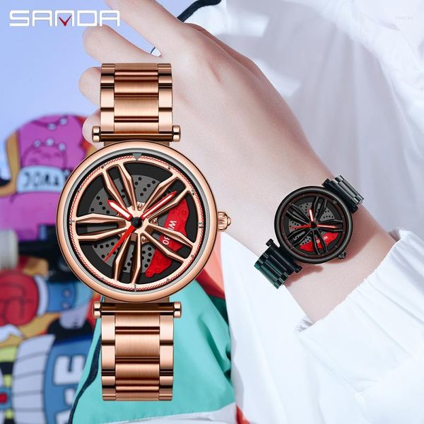 Нарученные часы Sanda Sell Fashion Car Rim Женские наручные часы на колесах из нержавеющей стали водонепроницаемые спортивные кварцевые часы