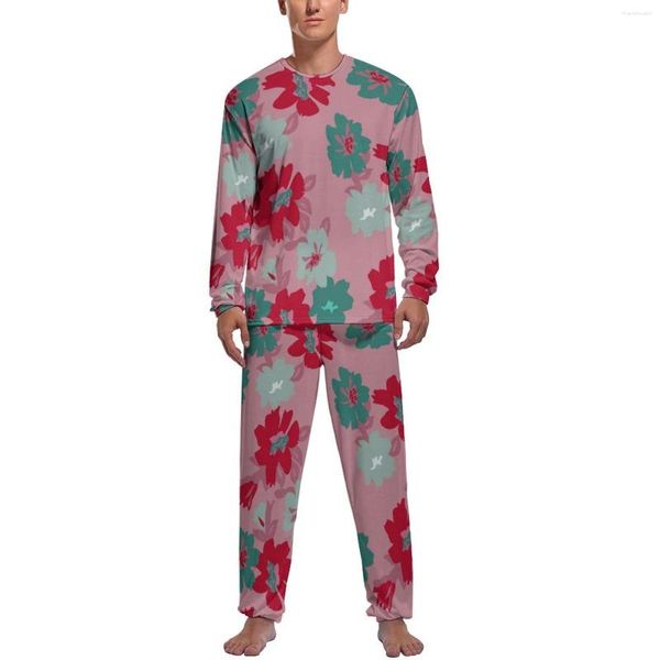 Pijamas masculinos coloridos flor impressão pijamas diário retro floral casual masculino 2 peças gráfico manga longa kawaii conjuntos de pijama